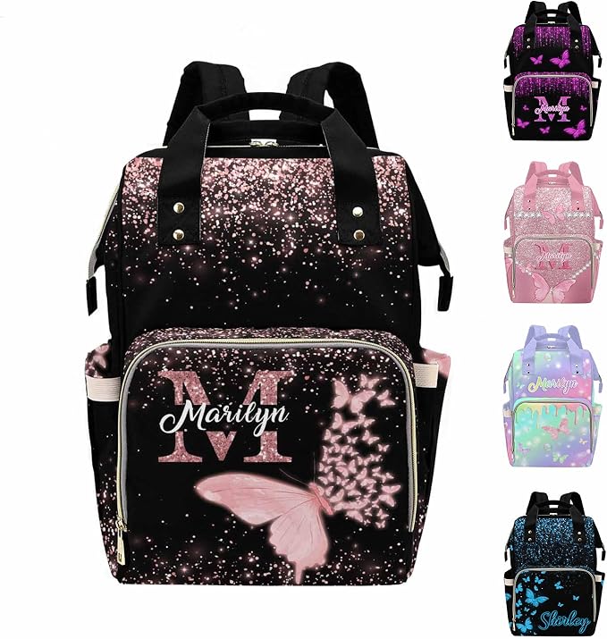 MyPupSocks Custom Diaper Bag with Butterfly Personalized Name Multifunctional Mommy Backpack for Daughter Granddaughter, Daypack Bag for Travel
