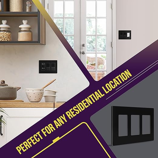 ENERLITES - SI8833-BK-STICKER Screwless Decorator Wall Plates Child Safe Outlet Covers, Size 3-Gang 4.68" H x 6.53??L, Unbreakable Polycarbonate Thermoplastic, SI8833-BK, Glossy, Black