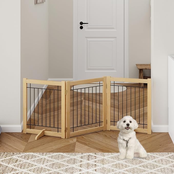 Acovy Wire Dog Gate Solid Wood Frame, Anti-Chewing Pet Gate Indoor Freestanding Indoor Foldable Dog Fences for Stairs, House, Doorway Extra Wide, 3-Panel, 60" Wide Oak Color