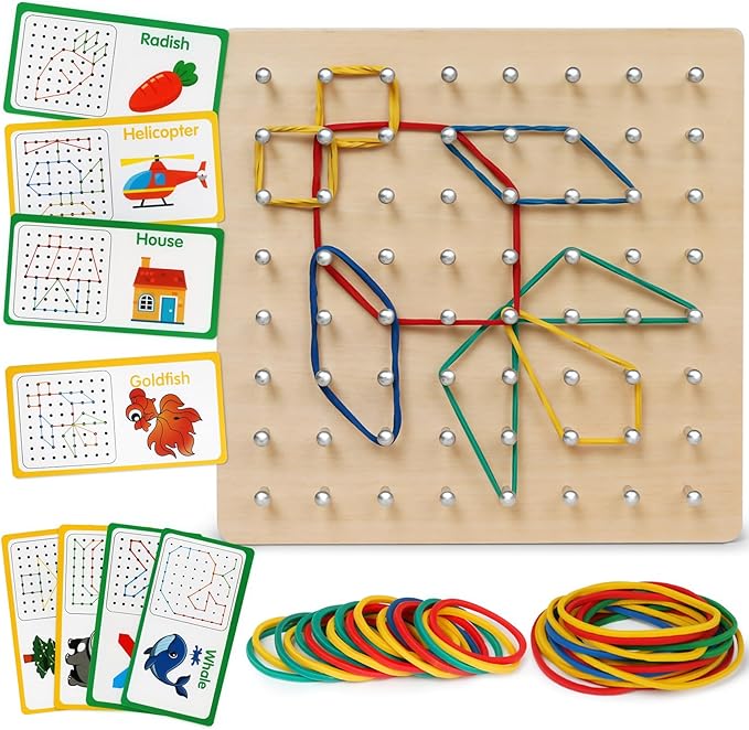 Skrtuan Wooden Geoboard for Kids - Montessori STEM Educational Toy with Pattern Cards & Rubber Bands,Early Fine Motor Skill Learning Shape Puzzle & Brain Teaser Geo Board for Boys Girls Ages 3+