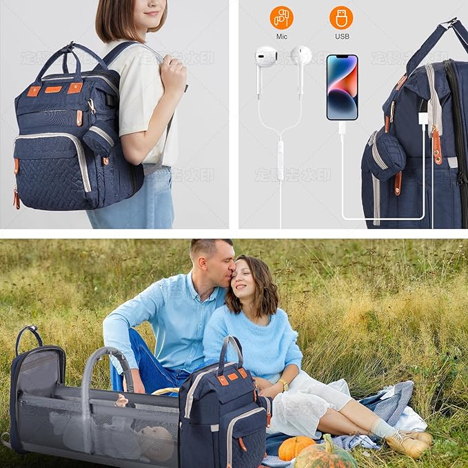 Diaper Bag Backpack with Changing Station and Toy Arch, 900D Waterproof Baby Travel Backpack for Mom and Dad, Large Capacity Maternity Bag with Insulated Pockets & USB Port, Blue