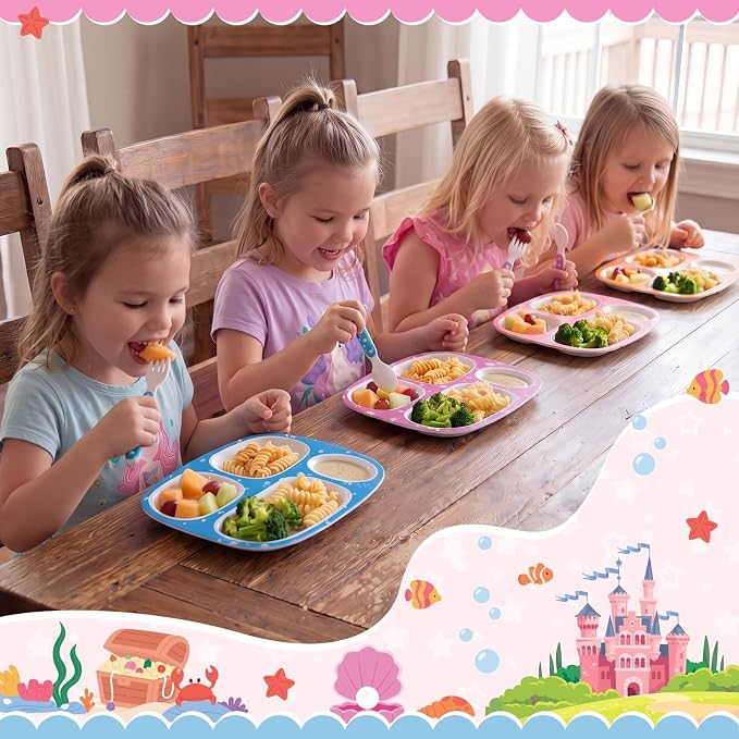 Jinei 4 Set Melamine Dinner Plate for Kids Dinnerware Dishes Set with Fork and Spoon Mermaid Unicorn Princess Cat Divided Melamine Plates for Girls Toddlers Picky Eaters BPA Free Dishwasher Safe