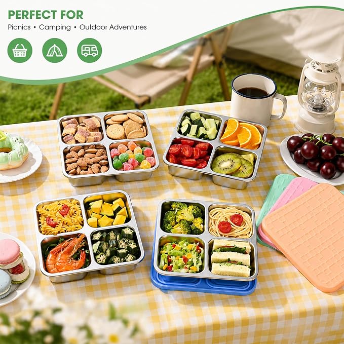 2 Pack Stainless Steel Snack Containers with Silicone Lids, Leakproof Bento Snack Boxes, Reusable 4 Compartment Metal Lunch Containers, Dishwasher Safe Food Storage for Meal Prep, Work & Travel (B)