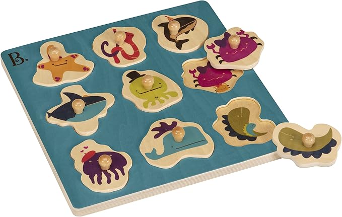 B. toys - Hide n' Sea - Wooden Peg Puzzle - Educational Puzzle - 9 Sea Animal-Pieces - Wooden Toy for Toddlers, Kids - 18 Months +