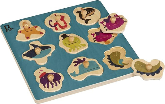B. toys - Hide n' Sea - Wooden Peg Puzzle - Educational Puzzle - 9 Sea Animal-Pieces - Wooden Toy for Toddlers, Kids - 18 Months +