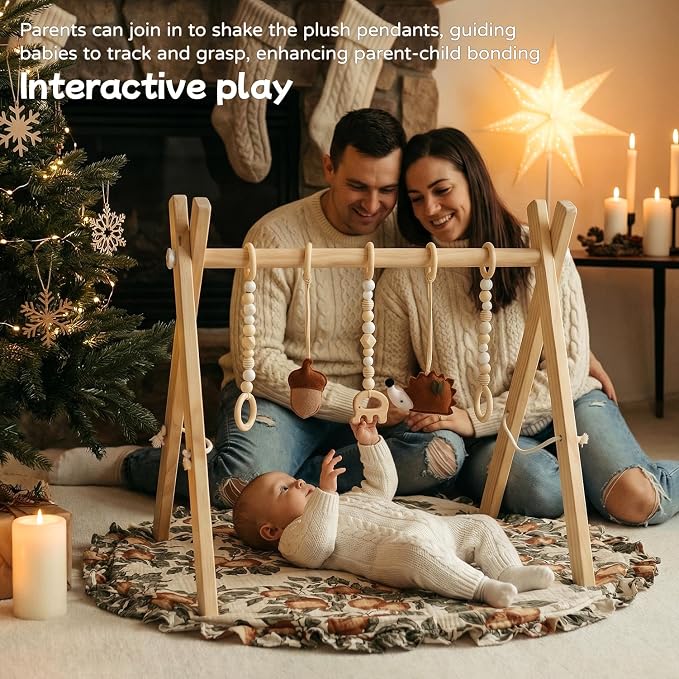 Wooden Baby Play Gym with Apple & Leaf Print Play Mat, Baby Gym with 5 Sensory Toys, Foldable Baby Activity Center Play Gym Frame for Newborn Infant Shower Gift
