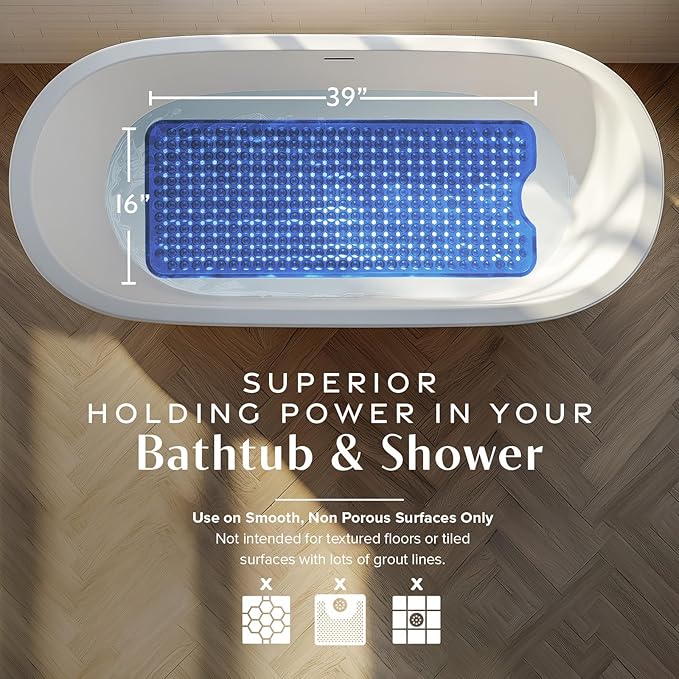 SlipX Solutions Power Grip Bathtub Safety Mat | Precision Grip Technology for Longer, Stronger, & Softer Wet Surface Protection | Clear Blue 39"x16"