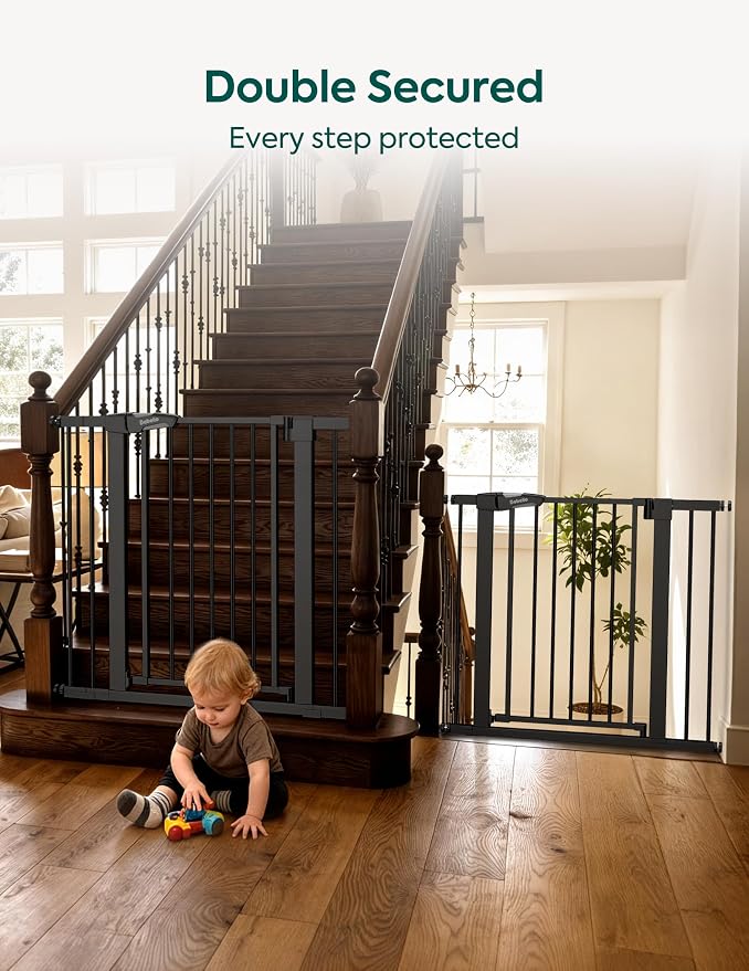 Babelio Baby Gate for Doorways and Stairs, 29-48" Auto Close Dog Gate PressGuard P7, Easy-Install Pressure Mounted Satey Door, No Drilling Safety Gate for Child and Pets, 2 Pack, Black