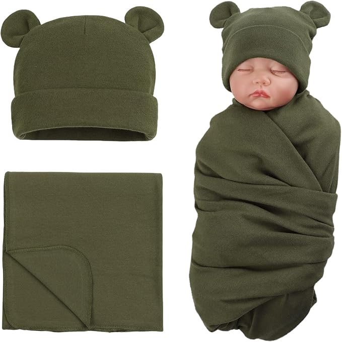 PESAAT Cotton Baby Swaddle Hat Set Newborn Infant Hats Receiving Blankets for Baby Boys Girls