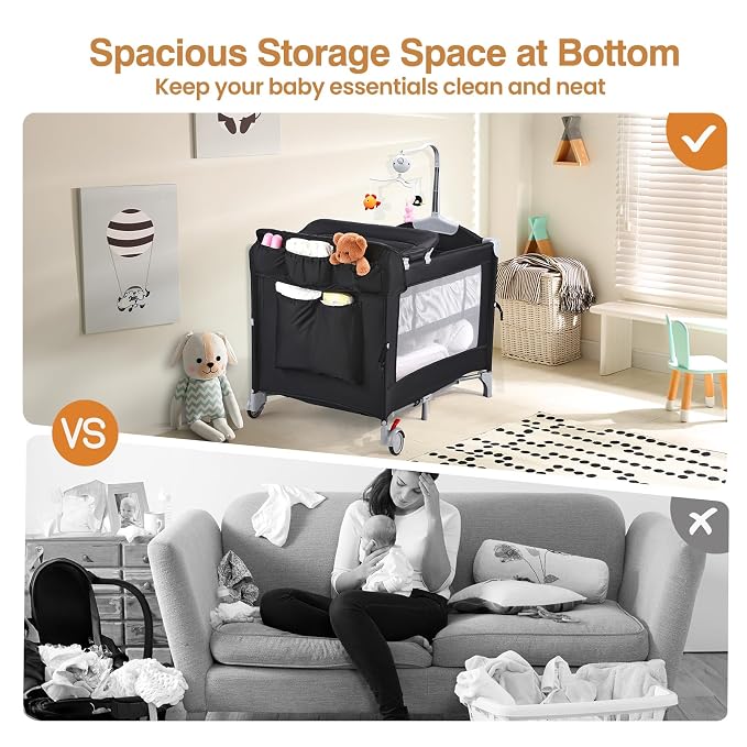 JOYMOR 5-in-1 Pack and Play with Bassinet and Changing Table, Lightweight Travel Crib, Foldable Baby Playard, Waterproof Changing Top, Carry Bag & Wheels
