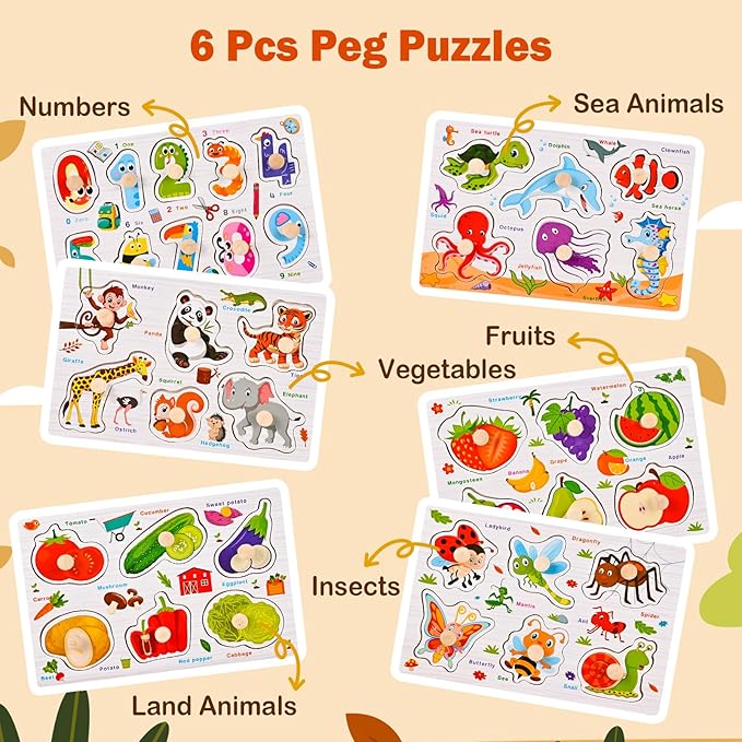 Wooden Peg Puzzles for Toddlers 1-3, Montessori Puzzles, Great Preschool Educational Learning Gifts for Girls and Boys