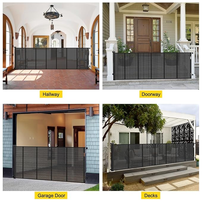 Reinforced 42??Tall x 130??Extra Wide Retractable Baby Gates Extra Tall Pet Gate for Wide Openings Long Dog gate with Rods to Prevent Crawling Through, Dog Gates for Doorways Indoor Outdoor, Black