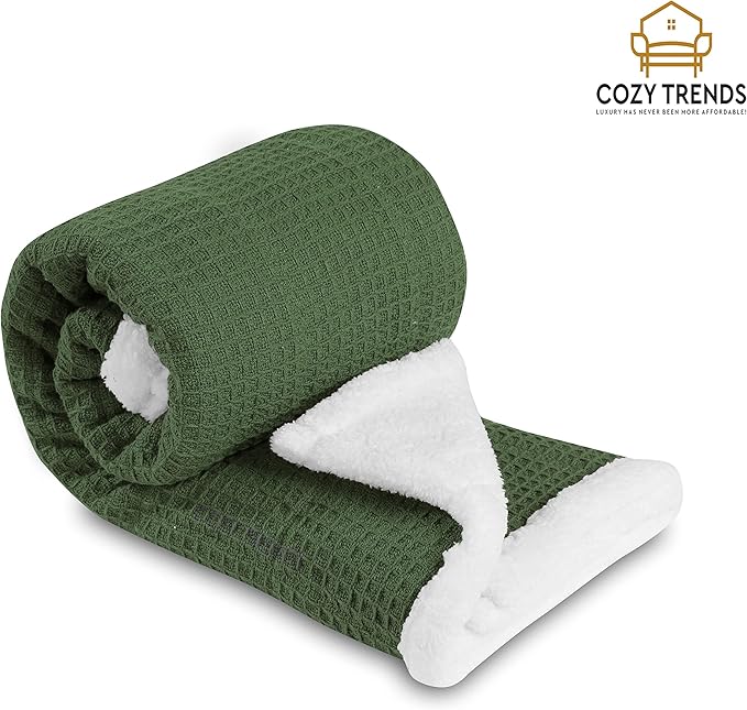 Luxurious Cotton Unisex Baby Boy Girl Blanket Waffle Weave with Sherpa Backing Soft Cozy 30''x40'' Receiving Crib Stroller Nap Blanket (Green)