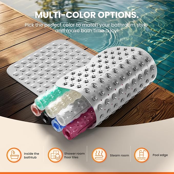 Non-Slip Bath Tub Mat, 39x16 Inch Extra Large Shower Mat with Drain Holes & Suction Cups, Machine Washable, Purple
