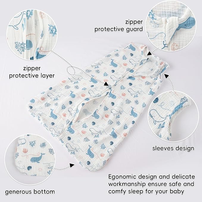 david's kids Muslin Cotton Baby Sleep Sack 6-12 Months, 2 Pack 100% Cotton Sleeping Bag for Summer, TOG 0.5 Baby Wearable Blankets with 2-Way Zipper, Soft Sleep Sacks for Newborn Infant, Whale