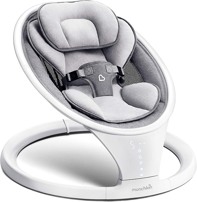 Munchkin Electric Baby Swing, Portable and Lightweight, Bluetooth Enabled Infant Rocker with Natural Sway in 5 Ranges of Motion, Newborn Nursery Essentials, White/Grey