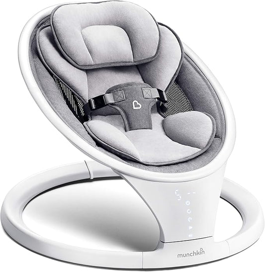 Munchkin Electric Baby Swing, Portable and Lightweight, Bluetooth Enabled Infant Rocker with Natural Sway in 5 Ranges of Motion, Newborn Nursery Essentials, White/Grey