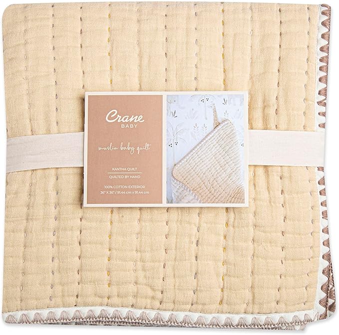 Crane Baby Blanket, 36??x 36?? Soft Cotton Quilted Nursery Blanket for Boys and Girls, Light Yellow