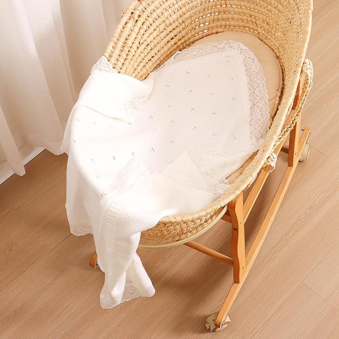 Hadetoto Cotton Lace Knit Baby Blankets, Super Soft Lightweight Crib Blanket for Infant Boys Girls, Nursery Bedding (White)