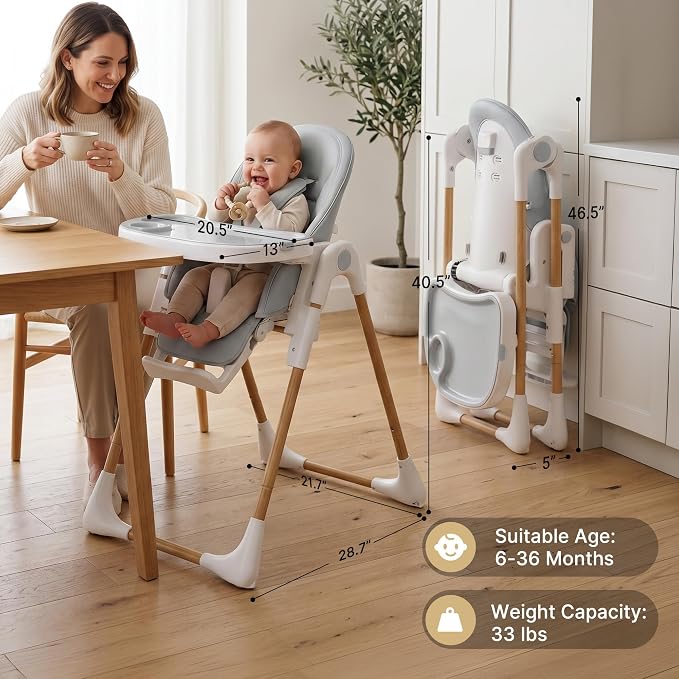 Baby High Chair, Convertible Folding Highchair with Dishwasher-Safe Tray, Adjustable Heights, 5-Point Harness, Portable Dining High Chairs for Babies and Toddlers (Wood Grain+Light Gray)