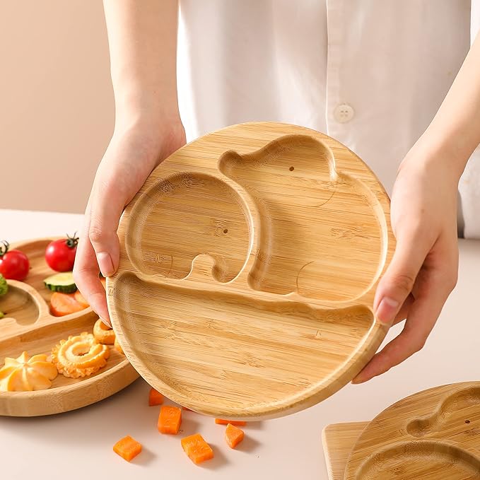 Suction Plates for Baby & Toddler, Bamboo Divided Platter Feeding Dishes with Silicone Fork& Spoon, All-Natural Baby Food Plate Stays for Baby-Led Weaning, Non-Slip Design