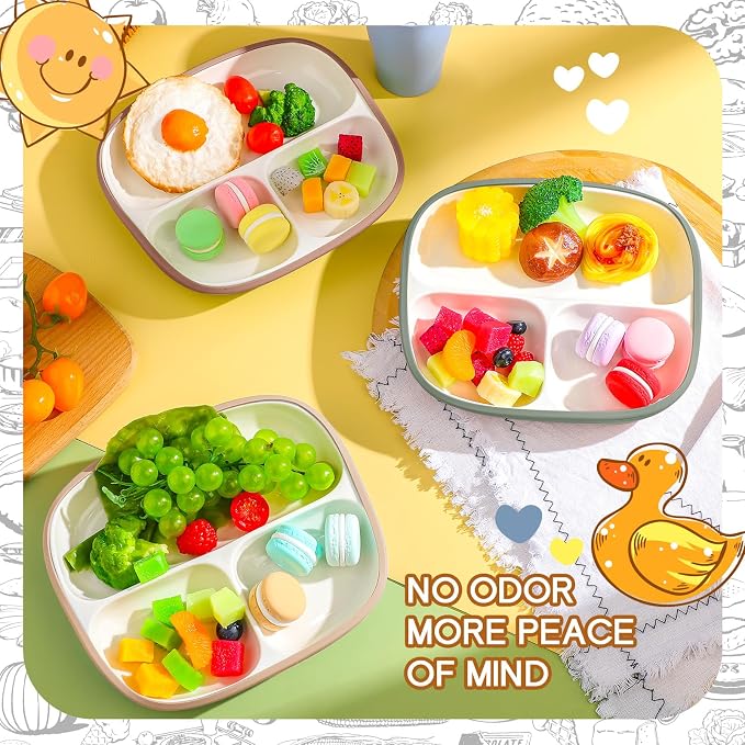 Domensi Kids Porcelain Plates with Silicone Sleeves 8.2 Inch Divided Porcelain Plate Toddler White Suction Dishes for Baby Troubleless Eating Microwave Dishwasher Safe(Vibrant,3 Set)