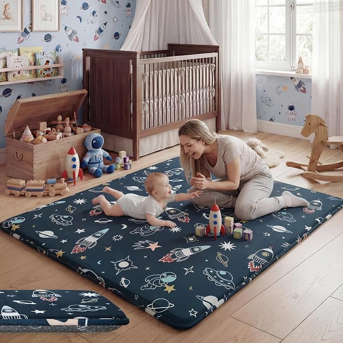 1.5" Thick Premium Baby Floor Play Mat, 71x79 Over-Sized Padded Memory Foam Mat, Tummy Time Crawling Playmat for Nursery Kids Playroom, Space Adventure