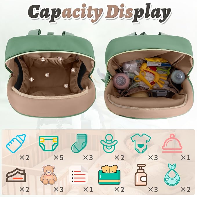 Diaper Bag Backpack, 27L Large Quilted Small Baby Bag with Changing Pad & Pacifier Case, Stroller Hooks, Easy-Access Baby Essential, Maternity Travel Backpack Unisex, Green
