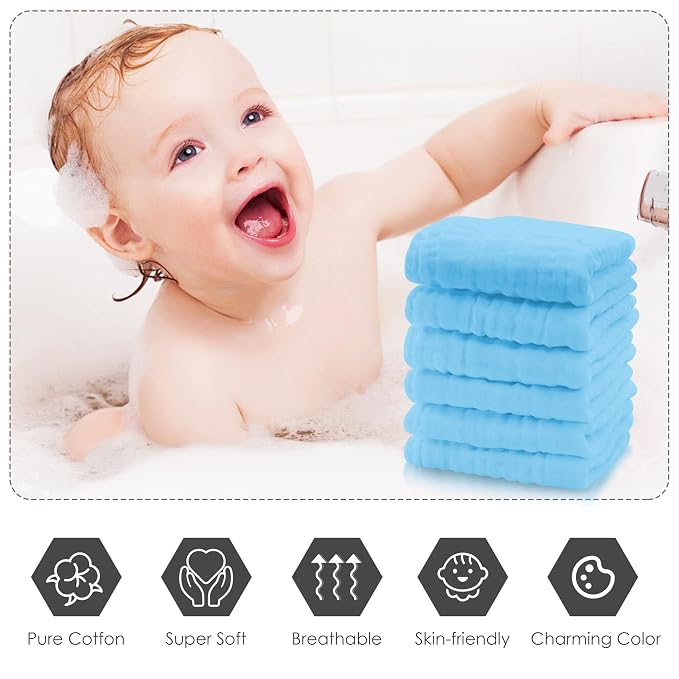Cute Castle 12 Pack Muslin Baby Washcloths - Large 12'' by 12'' - Ultra Soft 100% Cotton - Super Absorbent Burp Cloths for Unisex, Boy, Girl -Aquamarine