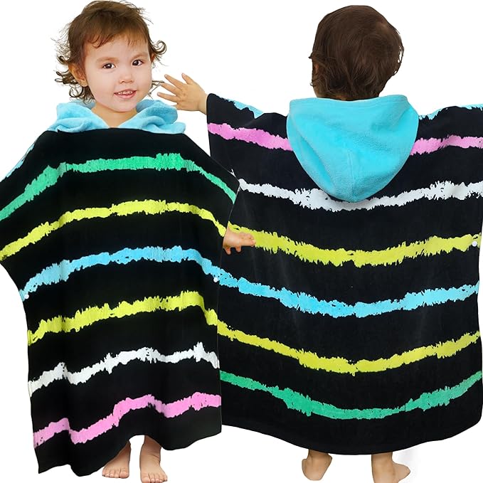 VOOVA & MOVAS Hooded Bath Towels for Toddler (2-6Years), Absorbent Soft Cotton Hooded Poncho Towel for Kids,Perfect for Child Swim | Camping | Surf | Shower | Birthday Gifts,Black Stripe