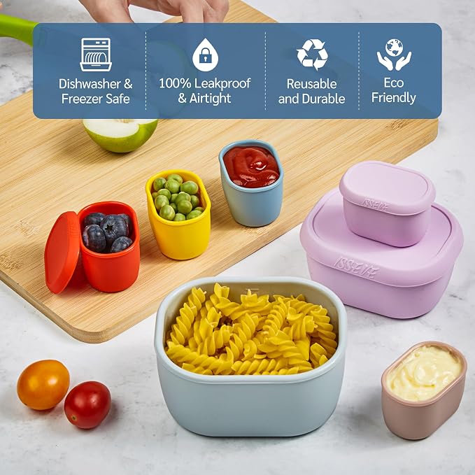 ISSEVE 6Pcs/Set Nesting Silicone Food Storage Containers with Lids, BPA Free Reusable Meal Prep Silicone Containers Lunch Box Bento Box Set (33.8oz, 20oz, 10oz, 6.7oz, 1.3oz) (Grey)