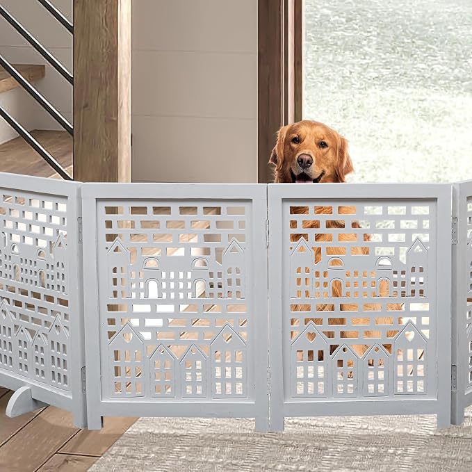 Freestanding Pet Gate for Dogs, Foldable Wooden Dog Gate for House, Indoor Dog Gate for Stair, Doorway, House Design Gates for Dogs Indoor, 72 Inch Wide, (18" x4 Panels =72 inch), White Antique