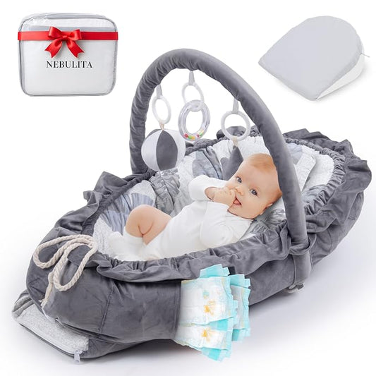 Leaf Infant Support Cushion with Play Arch for Supervised Awake-Time Floor Use, Portable Baby Floor Cushion, 100% Cotton Interior, Micro-Velvet Exterior -Changing Mat Alternative - Premium