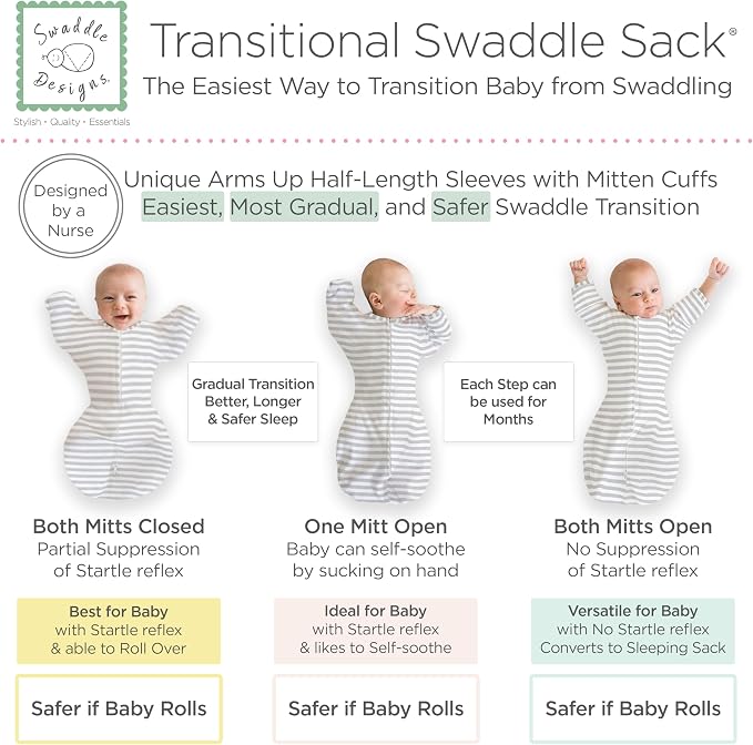 SwaddleDesigns Transitional Swaddle Sack, Arms Up Half-Length Sleeve Mitten Cuff, Most Gradual Transition Swaddle for Newborn