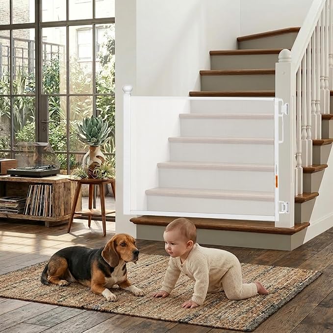 Retractable Baby Gate - 72" Wide Mesh Dog Gate with Support Rods - 34" Tall for Stairs, Doorways, Hallways - Drill or No-Drill - Pet & Cat Gate - Outdoor/Indoor (White, 5.91 Feet)