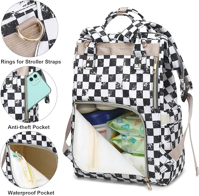 Marble Checkered Baby Diaper Bag Backpack for Women, Large Capacity Waterproof Maternity Travel Nappy Backpacks with Stroller Straps