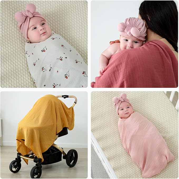 POMISO Muslin Swaddle Blankets for Boys & Girls, Newborn Receiving Blankets, 4 Pack Soft Breathable Baby Swaddles, Large 47x47 Inches, Red Berries & Earthy Colors