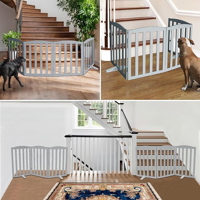 ZJSF Foldable Freestanding Indoor Dog Gate for House Wood Long Pet Gates Dog Fence for Stairs Puppy Gates for Hallways, Puppy Gate,Support Feet Included, Grey, 24 "Height-2 Panels