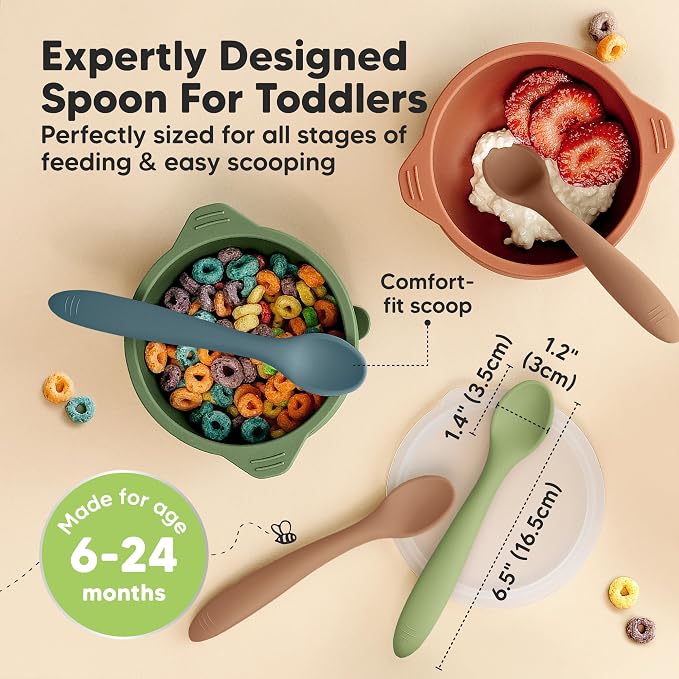 KeaBabies 3-Pack Silicone Baby Spoons and 3-Pack Suction Plates with Lids - Toddler First Food Training Spoon - 100% Silicone Suction Plates with Lids for Babies