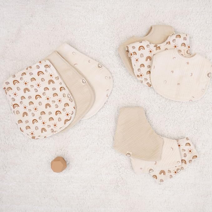 Muslin Burp Cloths Neutral Set, 6 Pack 20"x9" 100% Cotton Burp Cloths Baby Boy and Girl, Large Absorbent Burping Cloth for Babies, Soft Muslin Baby Washcloths, Nursery Gift Set Neutral Rainbow Design