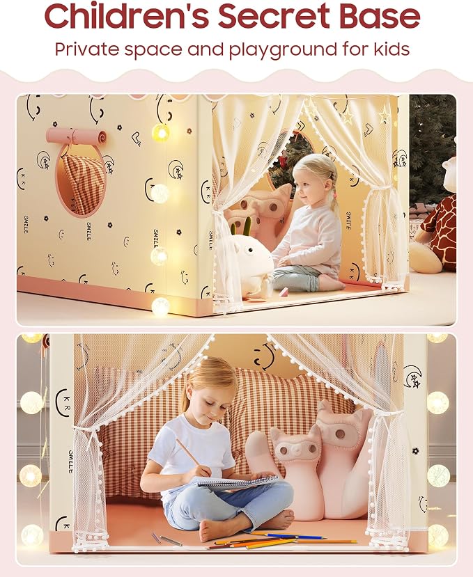 Kids Play Tent, Princess Tent Indoor Playhouse Set with Star Lights, Ball Lights, Colorful Flags, Butterflies - Pink Tents for Kids Toddle Castle for Girls Toy House Gift