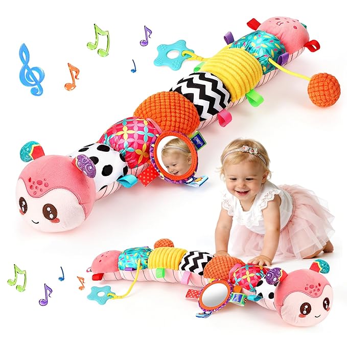 Baby Sensory Toys for 0-6 6-12 Months, Musical Stuffed Caterpillar Animal Toys for Infant 3 6 9 12 18 Months, Tummy Time Toys with Mirror Rattle Crinkle for Newborn Boys Girls Shower Gifts