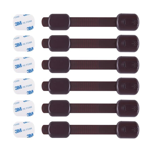 Child Safety Cabinet Locks (6 Pack) – Adjustable Baby Proofing Strap Latches with Strong 3M Adhesive – No Drill Childproof Locks for Drawers, Cabinets, Fridge, Door, Closet, Brown