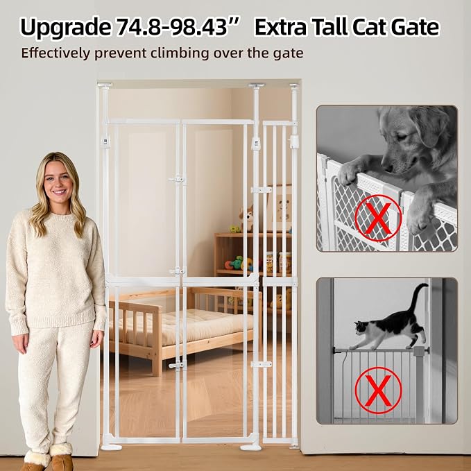 NiceTCU 74.80-98.43'' Extra Tall Cat Gate, Adjustable 33.86-45.34" Wide, Transparent Full Door Pet Gate, Auto Close No Drilling Cat Proof Safety Gate for Doorway Stairs- White