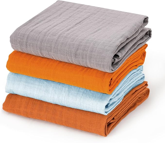 david's kids 4 Pack Baby Muslin Swaddle Blankets 47" x 47", 100% Cotton Swaddling Blankets Wrap for Boys Girls, Ultra Soft Breathable Receiving Blanket, New Born Essentials, Grey&Brown&Ginger&Blue