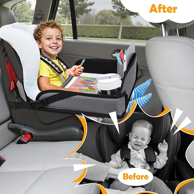 Kids Travel Tray for Toddler Carseat, Road Trip Activities Essentials for Toddler, Kids Lap Desk Tray with Tablet Holder Stand ï¼?Dry Erase Board (Grey)