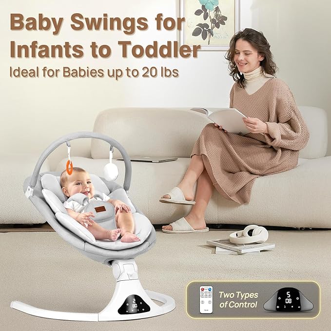 Baby Swings, Infant Swing with Remote Control, 5 Speed Adjustable, Machine Washable Seat Pad, 5 Point Harness, Bluetooth Connection, Electric Baby Swing for Indoor Use (Gray)