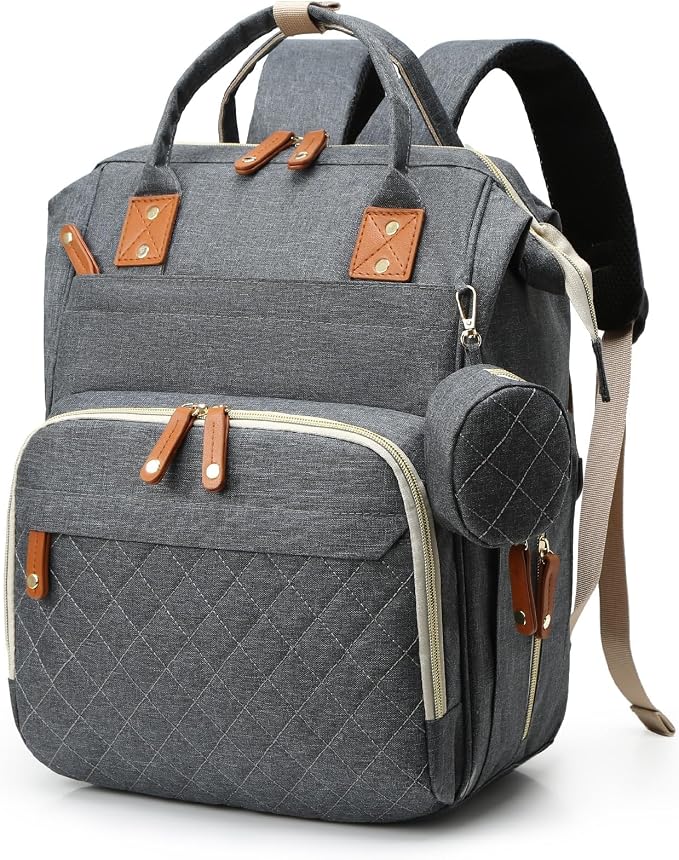 Diaper Bag Backpack with Changing Pad – Large Capacity, 16 Pockets, USB Port, Waterproof Travel Backpack for Mom & Dad – Bonus Pacifier Case - Gray
