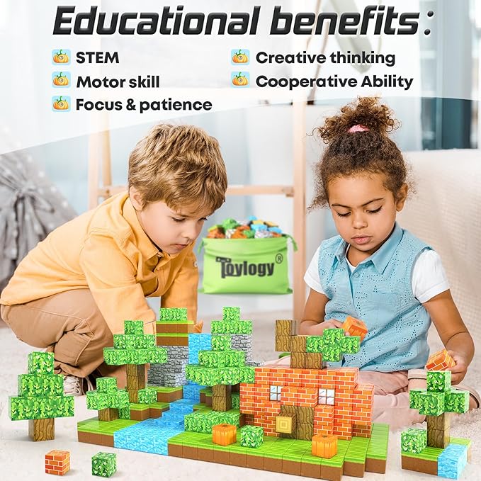 Magnetic Blocks-Build Mine Magnet World Pumpkin Edition Kids Games Toys for Boys Girls 3+ Years Old Magnetic STEM Construction Toys Ages 4-6 6-8 5-7 for Halloween Birthday Gifts