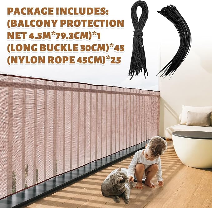 Hosuly Banister Guard 15 x 2.6 ft Balcony Netting for Kids Pets Stairway Safety Net Baby Fence Door Balcony Netting Safety Mesh Stair Net with No Drilling for Apartment Railing(Brown)
